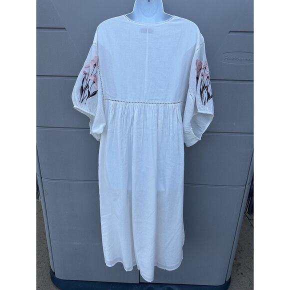 St Roche Lake Gauze Midi dress Ivory and Pink Embroidered w/Pockets Sz M NWT - Picture 9 of 16